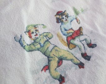 Vintage Fun Cute Adorable Whimsical Cats Having a Snowball Fight Flat Cotton Flannelette Queen Size Bed Sheet.  **FREE Shipping**