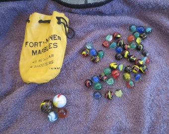 Vintage Nostalgic Bag of Glass Marbles in Vinyl Cinch Bag Made in Taiwan.  *FREE Shipping**