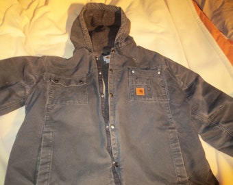 Heavy Canvas Distressed Construction Cold Weather Hooded Jacket by Carhartt - Size XL.