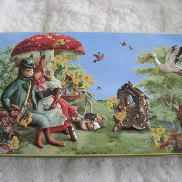 Fun Cute Easter Themed Bunnies Confiserie Heidel Chocolate Embossed Candy Tin.   **FREE Shipping**