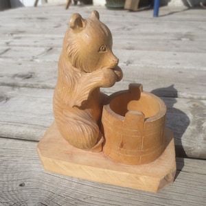 Vintage Mid Century Handcrafted Hand Carved Artisan Fun Cute Adorable Russian Folk Art Wooden Bear and Food Bucket.  **FREE Shipping**