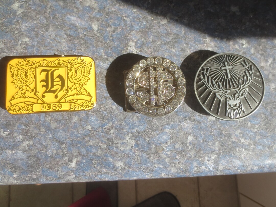 3 Vintage Belt Buckles Yellow Enameled Seven7 Jeans, Bling Spinning