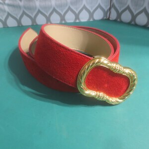 Vintage Red Suede Wide Belt with Gold Buckle Vintage Landes Red Suede Casual Belt, Wide Casual Belt With  main image 2