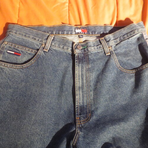 Vintage Old School Retro Tommy Hilfiger Logo Seam Indigo Blue Denim Painter Carpenter's Jeans - Size 36 (Men's). shops **FREE Shipping**