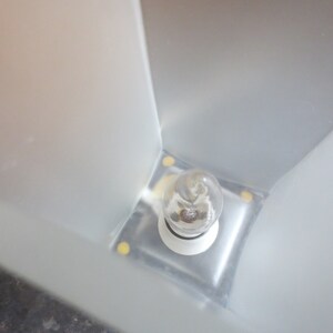 May include: A white frosted glass lampshade with a clear light bulb inside.