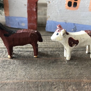 Antique Erzgebirge Wood Miniature Baby Foal and Calf / Vintage German Erzgebirge Farm Animals