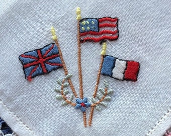 Antique French/British/American Flag Handkerchief / Tatted Hanky / WWI Souvenir / AS IS