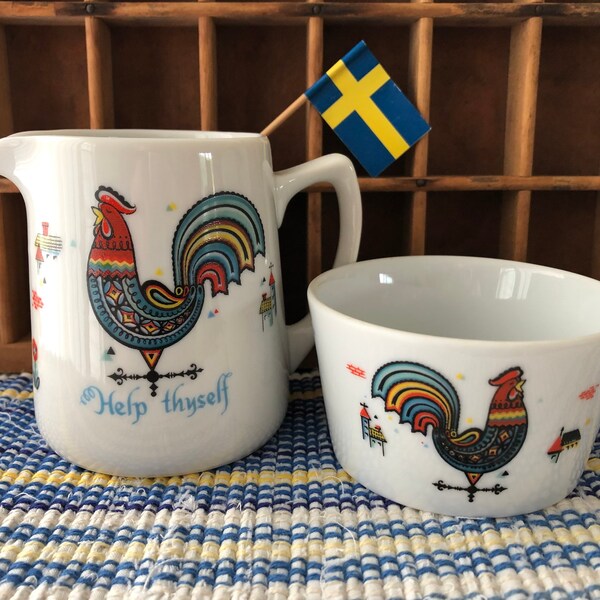 Vintage Swedish Berggren “Rooster Weathervane” Porcelain Cream and Sugar Set / Vintage Scandinavian Serving