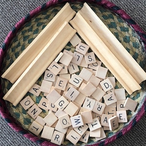 Vintage 1989 Scrabble Tiles with Wood Letter Trays / Vintage Spelling Game Tiles