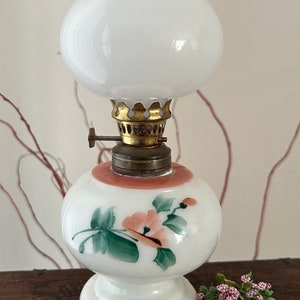 Vintage Miniature Milk Glass Oil Lamp / Victorian Style Nightstand Lamp / Romantic Decor