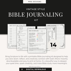 Peut inclure: Un kit de journalisation biblique imprimable comprenant 14 pages de journaux d'étude, de cartographie de versets et de suivis. Les documents incluent du texte comme Bible Study Log, R.E.A.P., Bible Journaling et Books of the Bible Tracker.