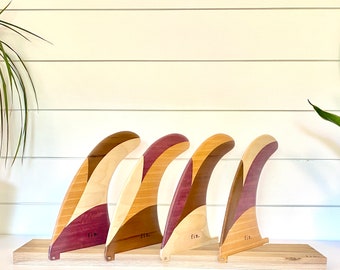 Teak Surfboard Fin Display Stand For 4 Fins- Desktop