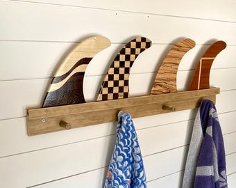 Surfboard Fin Display & Coat/Towel/Hat Rack For 4 Fins - Handmade Wall Mounted