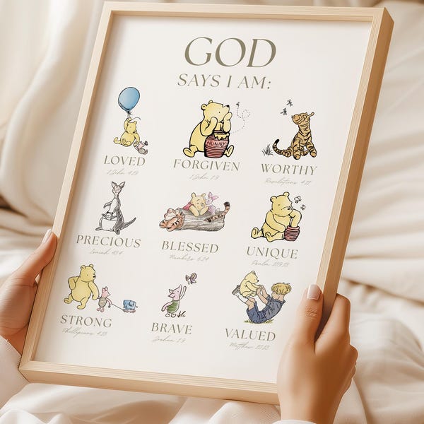 God Says I Am Winnie the Pooh Wall Art Bible Verse Print Christian Nursery Decor Scripture Art Pooh Digital Art Pooh Nursery Print Digital