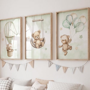 Teddy Bär Kinderzimmer-Set von 3 Wand-Kunst-Drucke druckbare grüne Teddybär Kinderzimmer Dekor Bär Kinderzimmer Rahmen Junge Teddybär Babyzimmer Digital Art