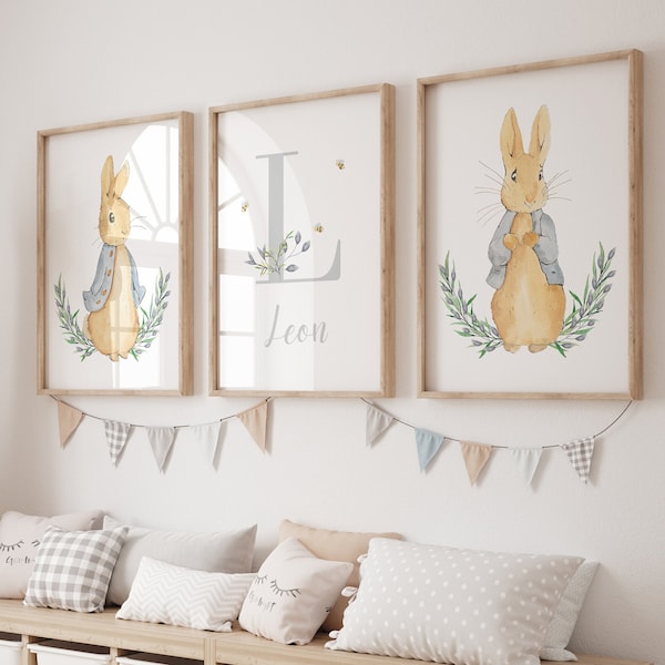 Peter Rabbit Nursery Print Set Custom Baby Boy Nursery Art Personalized Baby Name Nursery Art Peter Rabbit Boy Nursery Blue Wall Art Boy