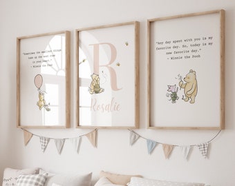 Winnie the Pooh niña vivero impresión personalizada bebé niña Pooh vivero arte niña bebé nombre clásico Pooh vivero decoración niña Pooh oso vivero arte