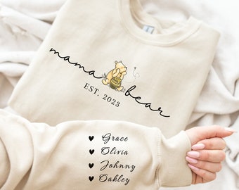 Aangepaste Mama Sweatshirt Kid naam op mouw gepersonaliseerde Mama Sweatshirt cadeau Mama Crewneck verjaardagscadeau voor Mama Bear Shirt Moederdag cadeau