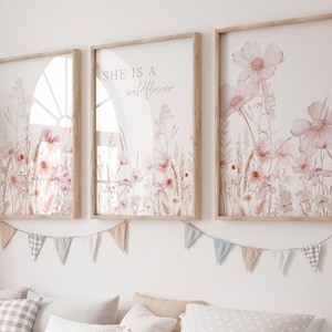 Set of 3 Boho Floral Nursery Wall Prints Baby Room Flower Prints Baby Girl Blush Nursery Decor Wildflower Nursery Wall Art Digital Download