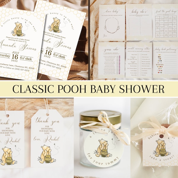 Klassisches Winnie Pooh Babypartyeinladungs-Paket Vintage Pooh Babyparty-Einladungspaket Kleine Hunny Einladung Bearbeitbar Laden Sie Pooh Bär Dusche ein