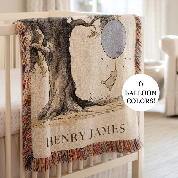 Pooh Balloon Blanket Winnie the Pooh Toddler First Birthday Blanket Pooh Throw Blanket Soft Kids Blanket Pooh Bear Woven Blanket with Name