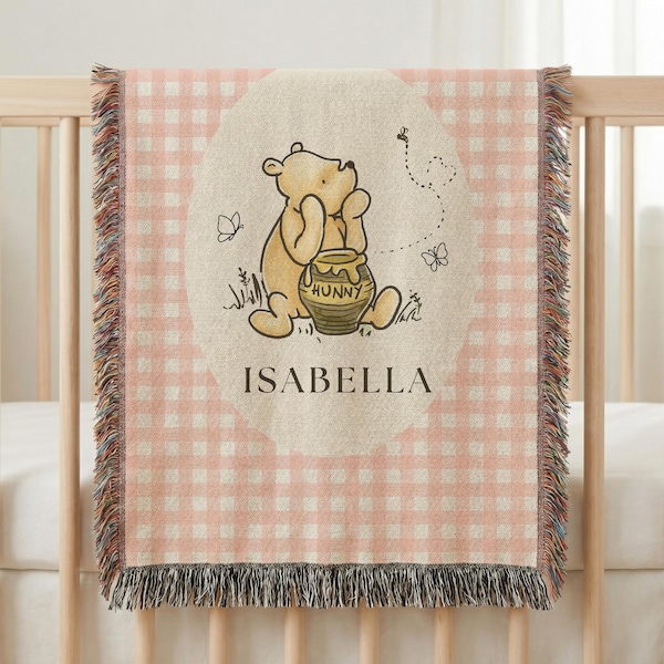 Winnie the Pooh Girl Baby Blanket Personalized Baby Blanket for Newborn Girl Classic Pooh Nursery Pink Pooh Blanket with Name Baby Girl Gift