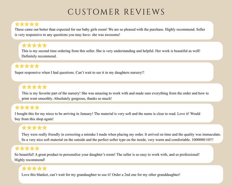May include: A beige background displays customer reviews with star ratings. Text includes positive feedback about product quality, seller responsiveness, and personalization. The reviews mention nursery items and blankets.