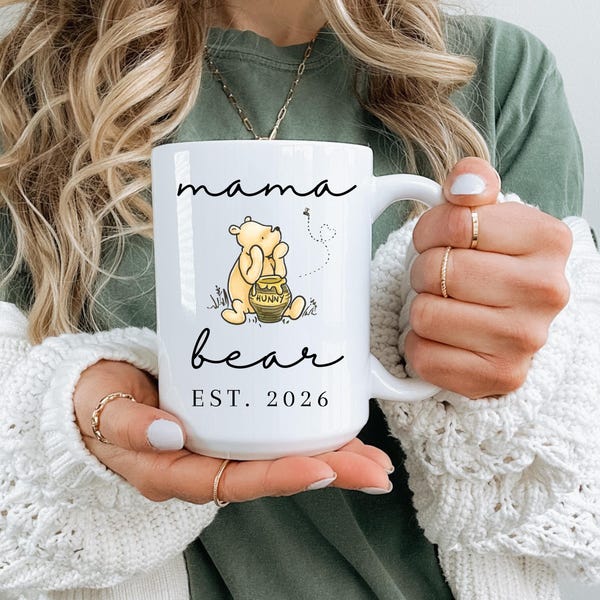 Custom Mama Bear Mug Winnie the Pooh Cup New Mom Gift Winnie the Pooh Pregnancy Announcement Pooh Baby Shower Gift for Mom Est 2026