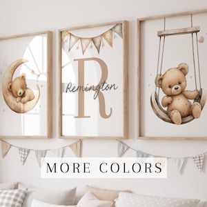 Set di 3 stampe artistiche da parete personalizzate per la cameretta dei bambini con orsacchiotto di peluche, decorazioni per la cameretta dei bambini con orsacchiotto di peluche con nome personalizzato, cornici per la cameretta dei bambini con orsacchiotto di peluche, arte per la cameretta dei bambini