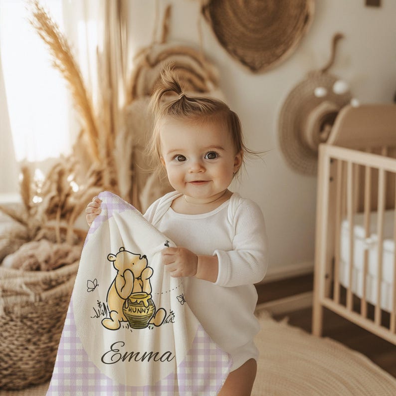 Winnie the Pooh Baby Blanket Pooh Nursery Blanket First Birthday Pooh Bear Blanket Plaid Baby Blanket Winnie the Pooh Crib Blanket Pooh LILAC