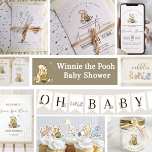 Paquete neutro de baby shower Paquete de invitación de baby shower vintage de Pooh Paquete de baby shower para niño Paquete de baby shower clásico de Pooh Invitación a baby shower para niña