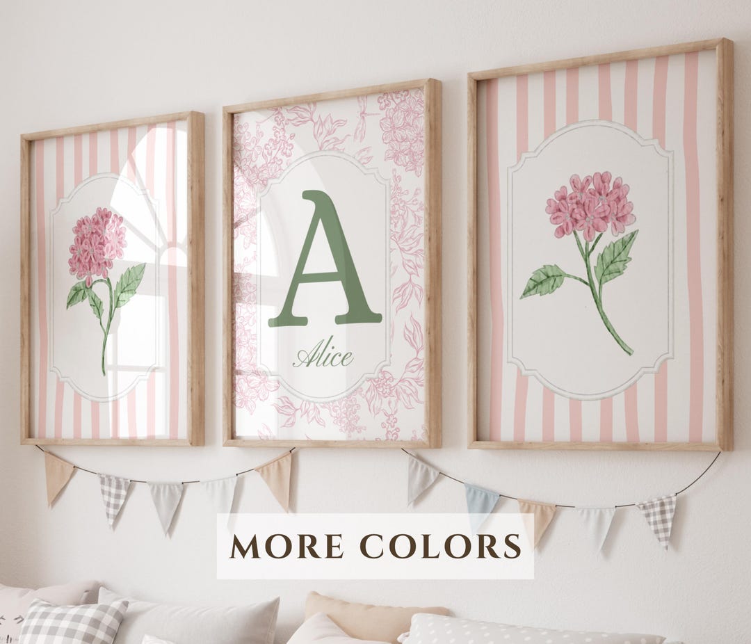Floral Nursery Print Set Pink Hydrangea Baby Name Letter Sign Flower ...