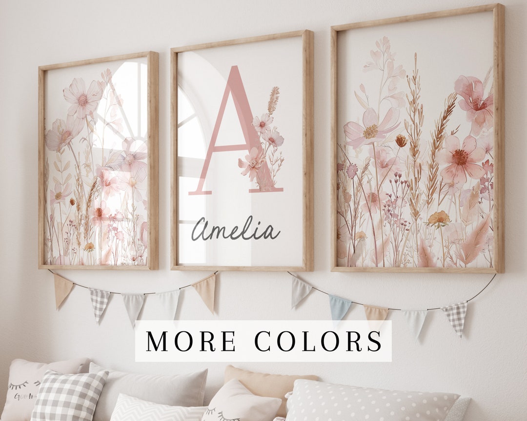 Set of 3 Floral Nursery Wall Prints Baby Room Custom Name Prints Baby ...