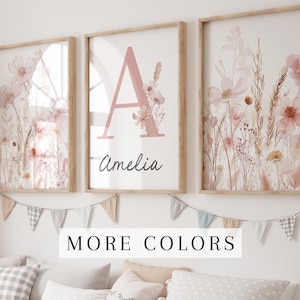 Set von 3 Blumen Kinderzimmer Wand Drucke Baby Zimmer Benutzerdefinierte Name Drucke Baby Mädchen Blush Kinderzimmer Dekor Wildblumen Kinderzimmer Wand Kunst Digital Download