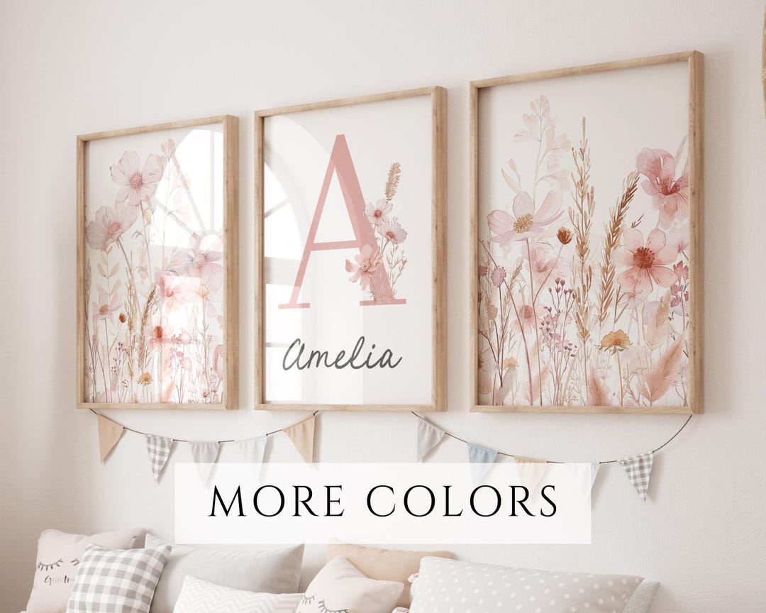 Set of 3 Wildflower Nursery Prints Floral Nursery Wall Decor Pink ...