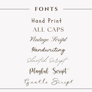 May include: A graphic displaying various font styles. The word "FONTS" is at the top, followed by examples like "Hand Print," "ALL CAPS," "Vintage Script," and others. The fonts are in a dark brown color against a light background.