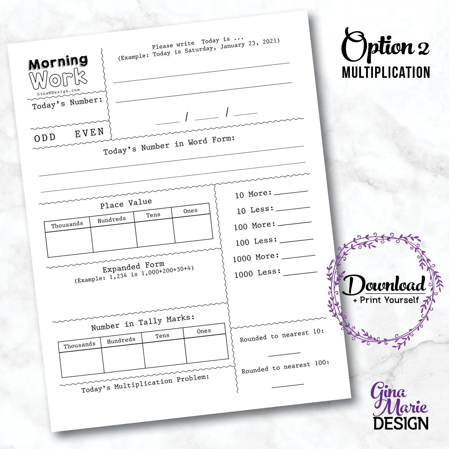 Morning Work, worksheets for homeschooling or extra math support for 2nd grade, 3rd grade, download and print yourself math worksheet, work