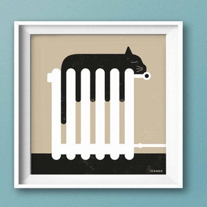 Le chat sur le radiateur en hiver. Impression d’art, affiche, carte. Illustration créative par ICONEO
