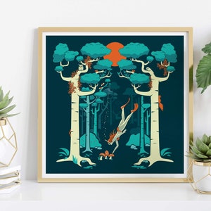 Plakat, Poster, Karte, Kunstdruck: Waldbaden. Gedruckt auf festem Baumwollpapier mit tollen Farben. Taucherin im Wald mit Tieren.