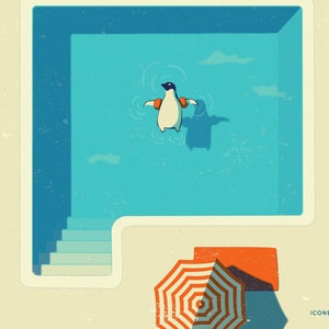 Schwimmender Pinguin "I believe I can fly". Kunstdruck auf Hahnemühle Fine Art Paper. Kreative Illustration von ICONEO. Kinderzimmer, Wohnen