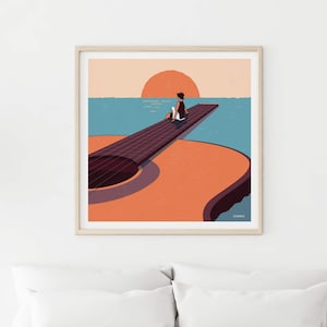 Eine Frau mit Katze im Sonnenuntergang sitzt auf einem Gitarren-Steg. Kunstdruck, Karte, Poster, Plakat. Kreative Kunst zum wohlfühlen :)