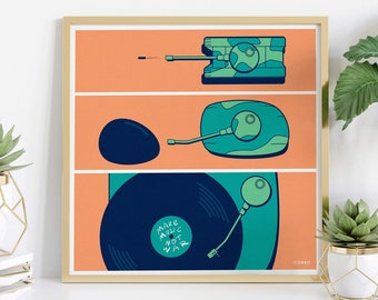 Print "make music not war" / BY ICONEO / Poster, card / tank transforming into vinyl record