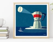 Giclee print Bialetti coffee lighthouse creative illustration for your kitchen. Graphic, art, poster, card for coffee lovers. BY ICONEO