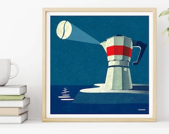 Bild: Bialetti Kaffee Leuchtturm mit Kaffeebohne als Mond / kreative Illustration, Giclee-Druck, Poster, Plakat von ICONEO