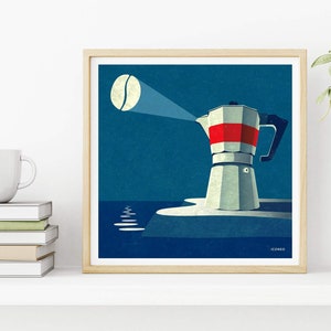 Image: Bialetti coffee lighthouse with coffee bean as a moon / creative illustration, giclee print, poster by ICONEO