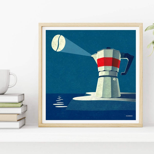 Bild: Bialetti Kaffee Leuchtturm mit Kaffeebohne als Mond / kreative Illustration, Giclee-Druck, Poster, Plakat von ICONEO