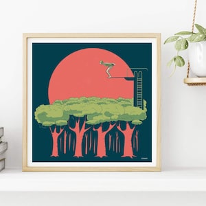 Plakat, Poster, Karte, Kunstdruck: Waldbaden. Gedruckt auf festem Baumwollpapier mit tollen Farben. Sprungbrett in den Wald