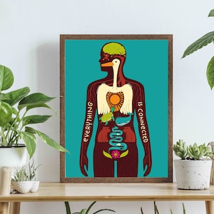 Print "everything is connected" / anatomy of the world / by ICONEO / giclee print, poster, card / anatomy study with animals and nature