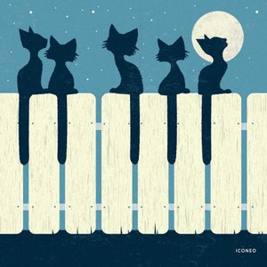 Cats, the musical / singing cats on fence / piano keys / fullmoon / BY ICONEO. Fine art print / card / poster