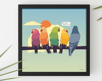Art print "You Are Beautiful" / Exotische Vögel, Papagei und Taube / Illustration by ICONEO